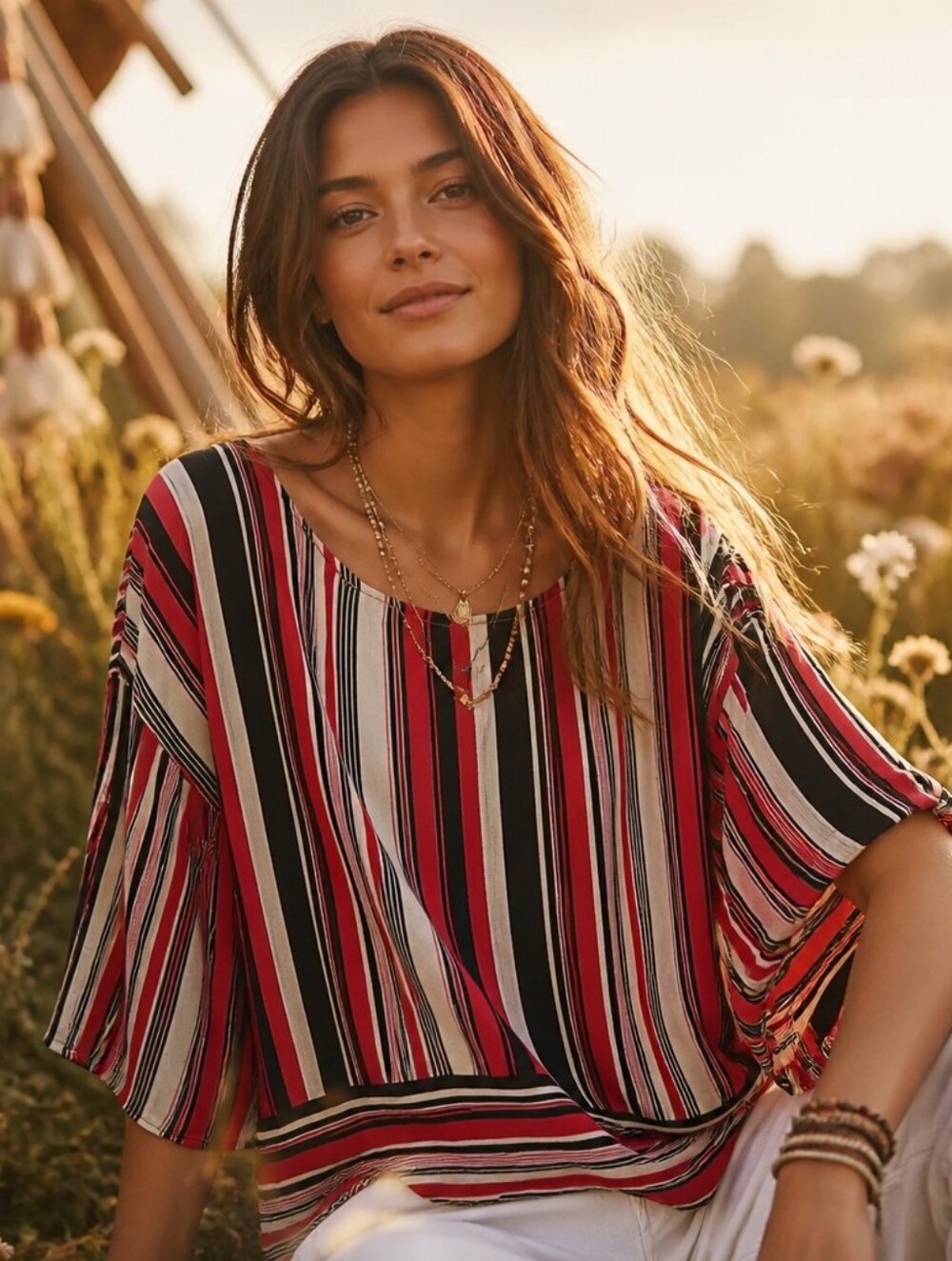 W5 Red, Black and White Striped Tunic Top